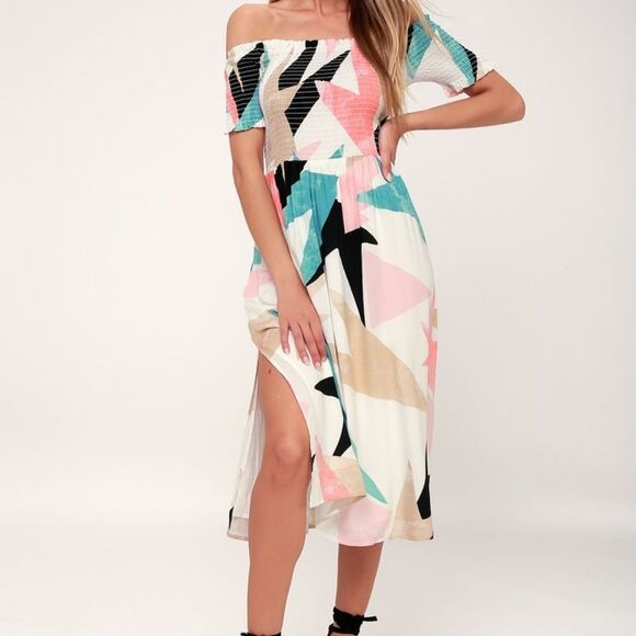 Lulus Shape of Love Geometric Print Smocked Off-the-Shoulder Midi Dress XS White - Picture 1 of 13